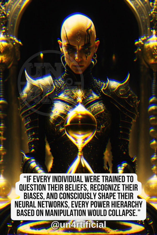 UN4RT bald androgynous figure in elaborate black and gold ornate armour standing in a temple-like golden archway, dark face tattoos and intense forward gaze, holding a glowing gold hourglass-shaped orb at chest height, flanked by golden pillar sculptures, UN4RT watermark logo visible, chromatic aberration effect, bold multi-line quote text in white rounded box at bottom, social media handle below, dark fantasy editorial portrait, vertical format.