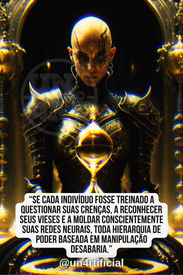 UN4RT bald androgynous figure in elaborate black and gold ornate armour standing in a temple-like golden archway, dark face tattoos and intense forward gaze, holding a glowing gold hourglass-shaped orb at chest height, flanked by golden pillar sculptures, UN4RT watermark logo visible, chromatic aberration effect, bold multi-line quote text in white rounded box at bottom, social media handle below, dark fantasy editorial portrait, vertical format.
