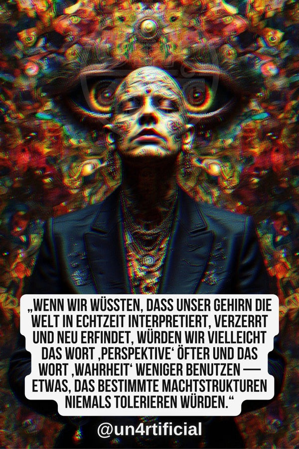 UN4RT heavily tattooed bald man in dark suit with multiple gold chain necklaces, head tilted back with closed eyes and open mouth, massive psychedelic mandala crown of eyes and floral forms erupting from his head, vivid multicolour background with mirrored symmetrical motifs, chromatic aberration effect, bold multi-line quote text in white rounded box at bottom, social media handle below, dark psychedelic editorial portrait, vertical format.