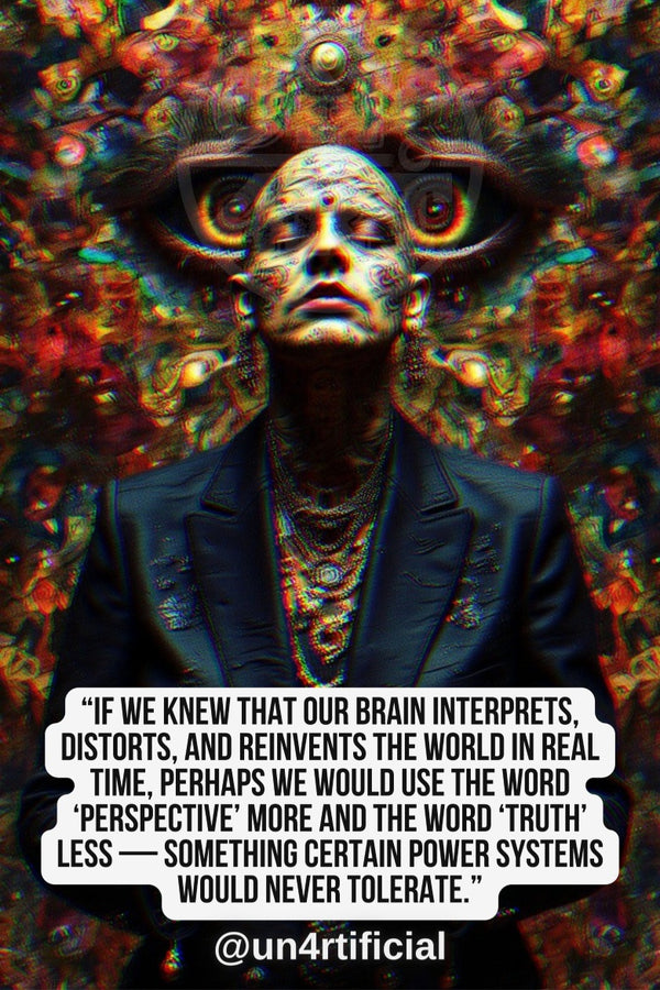 UN4RT heavily tattooed bald man in dark suit with multiple gold chain necklaces, head tilted back with closed eyes and open mouth, massive psychedelic mandala crown of eyes and floral forms erupting from his head, vivid multicolour background with mirrored symmetrical motifs, chromatic aberration effect, bold multi-line quote text in white rounded box at bottom, social media handle below, dark psychedelic editorial portrait, vertical format.