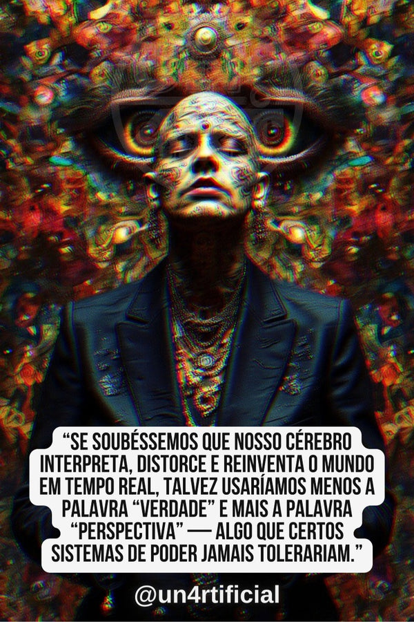 UN4RT heavily tattooed bald man in dark suit with multiple gold chain necklaces, head tilted back with closed eyes and open mouth, massive psychedelic mandala crown of eyes and floral forms erupting from his head, vivid multicolour background with mirrored symmetrical motifs, chromatic aberration effect, bold multi-line quote text in white rounded box at bottom, social media handle below, dark psychedelic editorial portrait, vertical format.