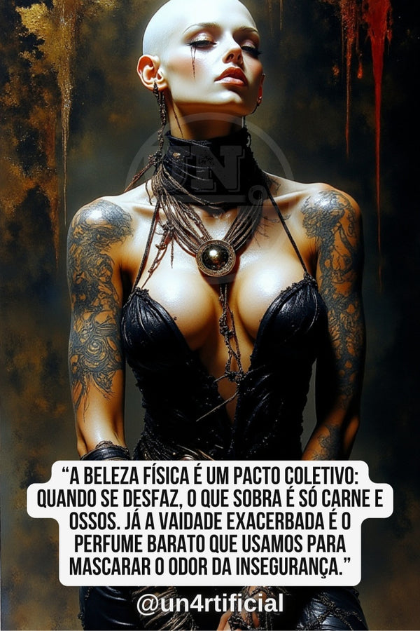 UN4RT pale tattooed bald woman in black leather harness and choker collar with dark tear streaks on her face, eyes downcast with subdued expression, ornate gold medallion pendant on layered chain necklaces, dark painterly background with red dripping forms, oil painting aesthetic, bold multi-line quote text in white rounded box at bottom, social media handle below, dark gothic editorial portrait, vertical format.