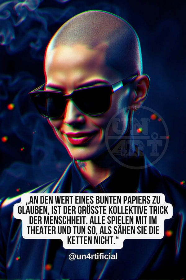 UN4RT pale androgynous bald figure in black jacket wearing dark aviator sunglasses, subtle smirk with head slightly tilted, dark navy blue background with scattered small glowing red orbs and dark smoke wisps, UN4RT watermark logo visible, chromatic aberration effect, bold multi-line quote text in white rounded box at bottom, social media handle below, dark editorial portrait, vertical format.