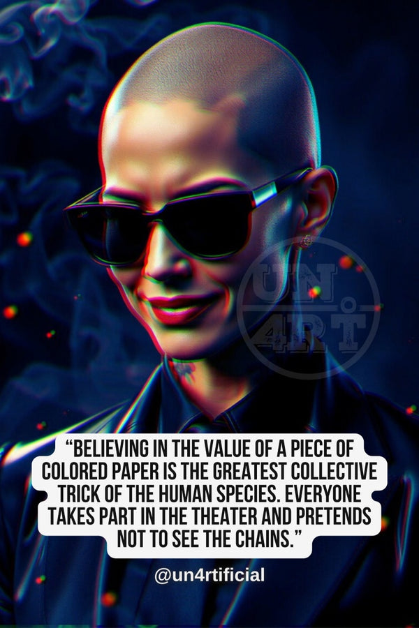 UN4RT pale androgynous bald figure in black jacket wearing dark aviator sunglasses, subtle smirk with head slightly tilted, dark navy blue background with scattered small glowing red orbs and dark smoke wisps, UN4RT watermark logo visible, chromatic aberration effect, bold multi-line quote text in white rounded box at bottom, social media handle below, dark editorial portrait, vertical format.