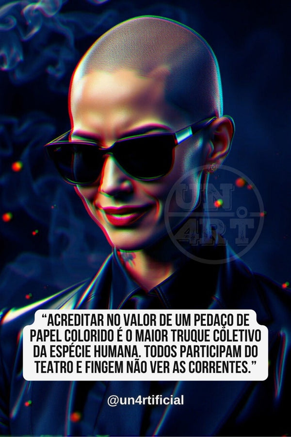 UN4RT pale androgynous bald figure in black jacket wearing dark aviator sunglasses, subtle smirk with head slightly tilted, dark navy blue background with scattered small glowing red orbs and dark smoke wisps, UN4RT watermark logo visible, chromatic aberration effect, bold multi-line quote text in white rounded box at bottom, social media handle below, dark editorial portrait, vertical format.
