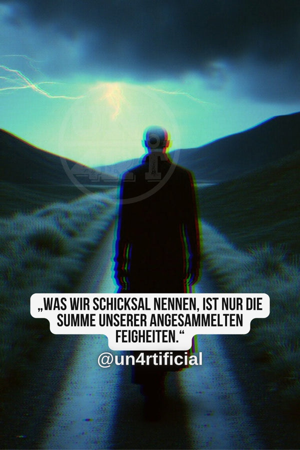 UN4RT dark silhouette of a lone figure seen from behind walking along a narrow straight path through a vast open landscape, dramatic teal stormy sky with a bright glowing light burst and yellow lightning bolt at the horizon, chromatic aberration effect, bold multi-line quote text in white rounded box at bottom, social media handle below, dark cinematic landscape, vertical format.