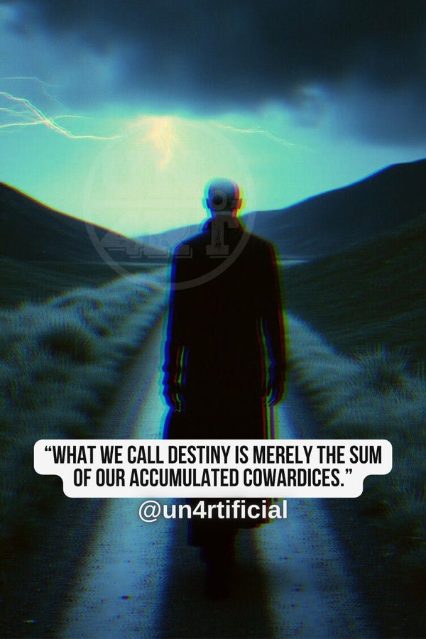 UN4RT dark silhouette of a lone figure seen from behind walking along a narrow straight path through a vast open landscape, dramatic teal stormy sky with a bright glowing light burst and yellow lightning bolt at the horizon, chromatic aberration effect, bold multi-line quote text in white rounded box at bottom, social media handle below, dark cinematic landscape, vertical format.