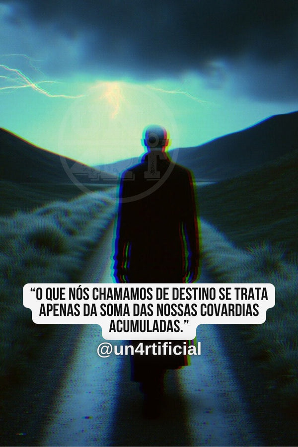 UN4RT dark silhouette of a lone figure seen from behind walking along a narrow straight path through a vast open landscape, dramatic teal stormy sky with a bright glowing light burst and yellow lightning bolt at the horizon, chromatic aberration effect, bold multi-line quote text in white rounded box at bottom, social media handle below, dark cinematic landscape, vertical format.