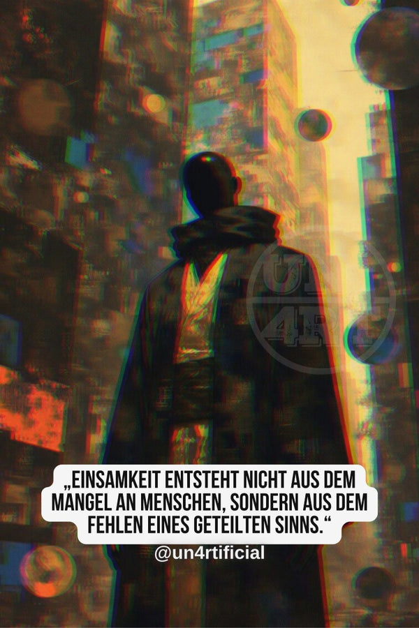 UN4RT dark silhouette of a cloaked figure seen from behind standing in a narrow urban alley looking upward toward a glowing warm light, tall textured brutalist buildings flanking both sides, floating metallic spheres in the air, UN4RT watermark logo visible, chromatic aberration effect, bold multi-line quote text in white rounded box at bottom, social media handle below, dark sci-fi urban landscape, vertical format.