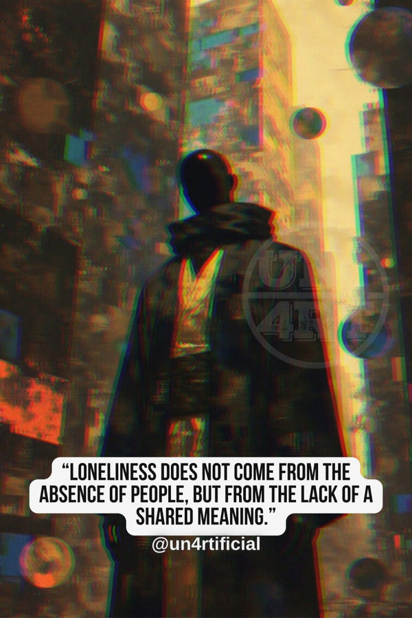 UN4RT dark silhouette of a cloaked figure seen from behind standing in a narrow urban alley looking upward toward a glowing warm light, tall textured brutalist buildings flanking both sides, floating metallic spheres in the air, UN4RT watermark logo visible, chromatic aberration effect, bold multi-line quote text in white rounded box at bottom, social media handle below, dark sci-fi urban landscape, vertical format.