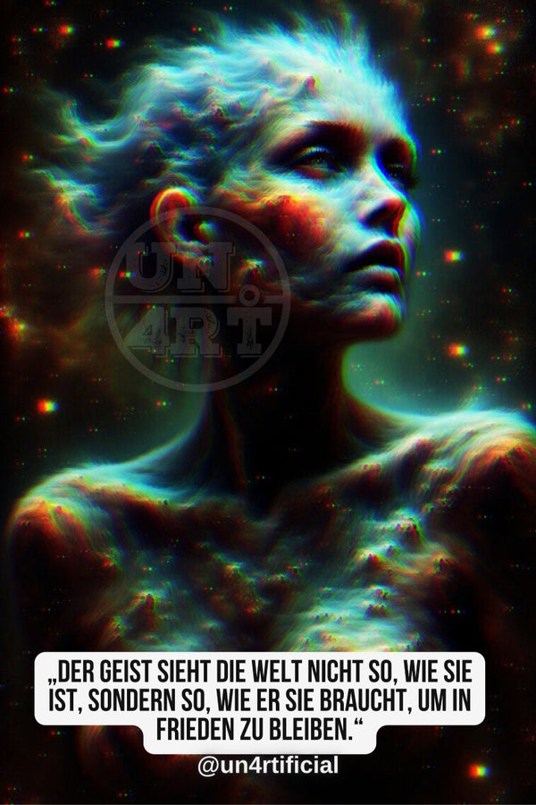UN4RT androgynous figure with short wavy hair gazing upward with an ethereal expression, body dissolving into swirling glowing teal nebula and cosmic cloud formations, deep black starry background with scattered chromatic light points, UN4RT watermark logo visible, chromatic aberration effect, bold multi-line quote text in white rounded box at bottom, social media handle below, dark cosmic surreal portrait, vertical format.