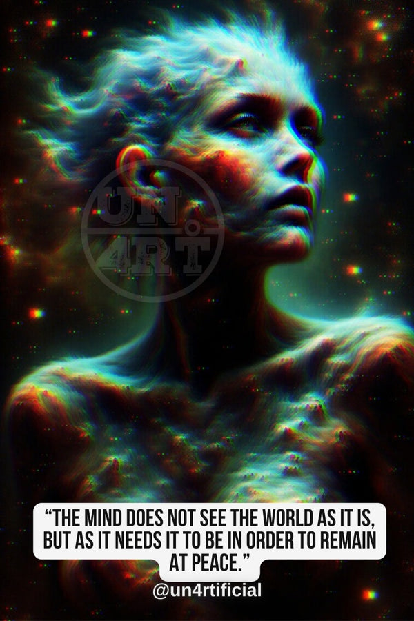 UN4RT androgynous figure with short wavy hair gazing upward with an ethereal expression, body dissolving into swirling glowing teal nebula and cosmic cloud formations, deep black starry background with scattered chromatic light points, UN4RT watermark logo visible, chromatic aberration effect, bold multi-line quote text in white rounded box at bottom, social media handle below, dark cosmic surreal portrait, vertical format.