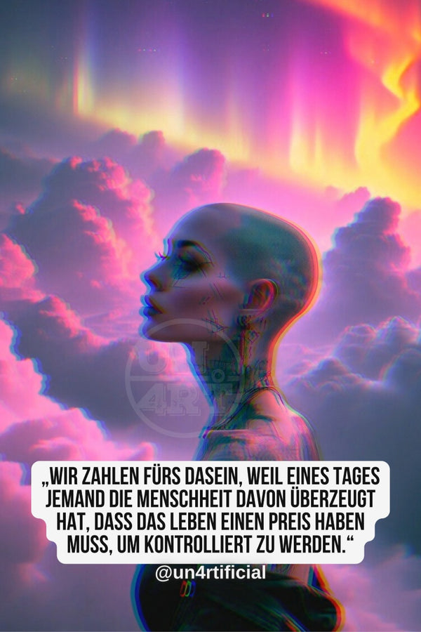 UN4RT bald tattooed woman in side profile facing left with eyes closed and chin lifted in serene upward pose, neck tattoos visible, surrounded by dramatic pink and purple clouds with rays of multicolour aurora light in the sky above, UN4RT watermark logo visible, chromatic aberration effect, bold multi-line quote text in white rounded box at bottom, social media handle below, dreamy dark fantasy portrait, vertical format.
