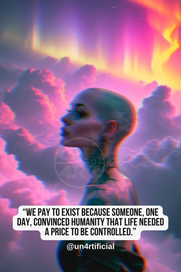 UN4RT bald tattooed woman in side profile facing left with eyes closed and chin lifted in serene upward pose, neck tattoos visible, surrounded by dramatic pink and purple clouds with rays of multicolour aurora light in the sky above, UN4RT watermark logo visible, chromatic aberration effect, bold multi-line quote text in white rounded box at bottom, social media handle below, dreamy dark fantasy portrait, vertical format.