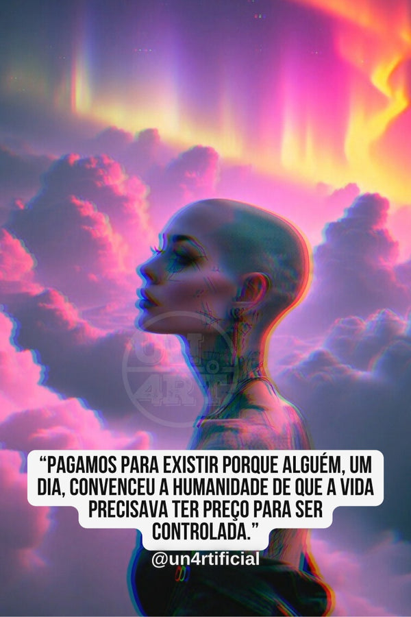 UN4RT bald tattooed woman in side profile facing left with eyes closed and chin lifted in serene upward pose, neck tattoos visible, surrounded by dramatic pink and purple clouds with rays of multicolour aurora light in the sky above, UN4RT watermark logo visible, chromatic aberration effect, bold multi-line quote text in white rounded box at bottom, social media handle below, dreamy dark fantasy portrait, vertical format.