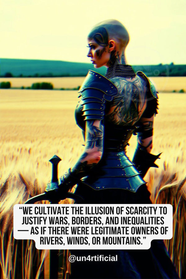 UN4RT heavily tattooed woman in ornate dark blue medieval armour holding a sword at her side, turned in three-quarter profile facing away from viewer over her shoulder, standing in a golden wheat field under a pale overcast sky, rolling hills in the distance, chromatic aberration effect, bold multi-line quote text in white rounded box at bottom, social media handle below, dark fantasy warrior portrait, vertical format.