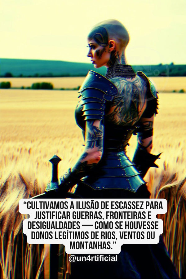 UN4RT heavily tattooed woman in ornate dark blue medieval armour holding a sword at her side, turned in three-quarter profile facing away from viewer over her shoulder, standing in a golden wheat field under a pale overcast sky, rolling hills in the distance, chromatic aberration effect, bold multi-line quote text in white rounded box at bottom, social media handle below, dark fantasy warrior portrait, vertical format.