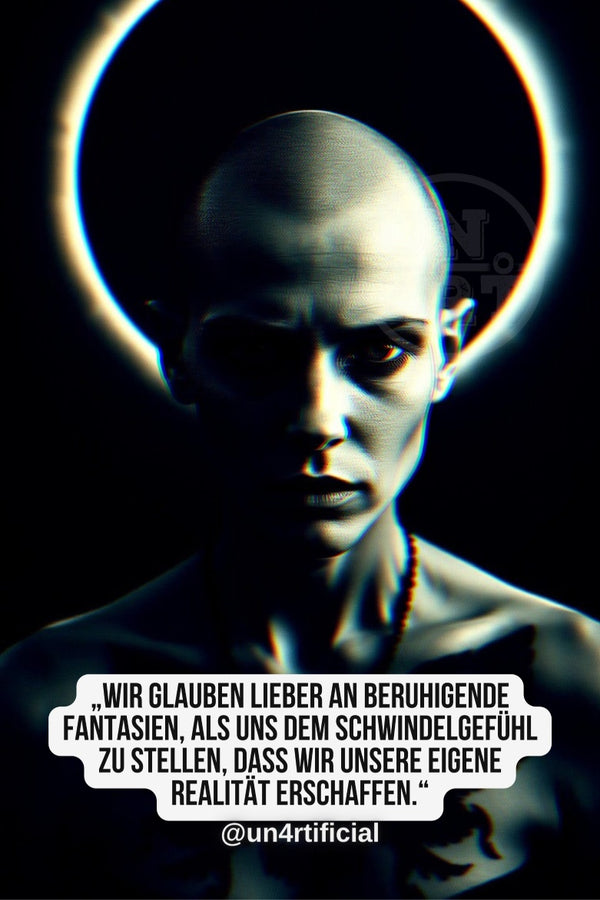 UN4RT pale androgynous bald figure staring directly at viewer with intense unsettling gaze, head tilted slightly downward, large glowing circular halo of light behind head, deep black background with subtle UN4RT watermark logo, high contrast dramatic lighting casting deep shadows across face, chromatic aberration effect, bold multi-line quote text in white rounded box at bottom, social media handle below, dark surreal editorial portrait, vertical format.