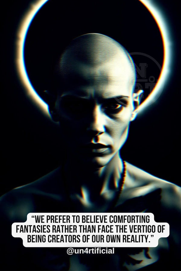 UN4RT pale androgynous bald figure staring directly at viewer with intense unsettling gaze, head tilted slightly downward, large glowing circular halo of light behind head, deep black background with subtle UN4RT watermark logo, high contrast dramatic lighting casting deep shadows across face, chromatic aberration effect, bold multi-line quote text in white rounded box at bottom, social media handle below, dark surreal editorial portrait, vertical format.