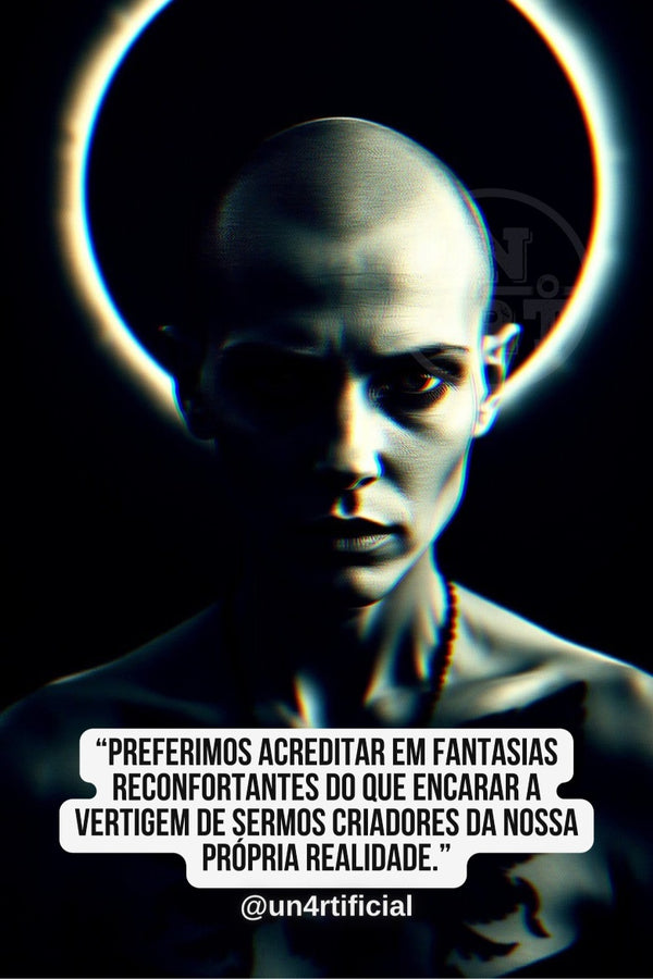 UN4RT pale androgynous bald figure staring directly at viewer with intense unsettling gaze, head tilted slightly downward, large glowing circular halo of light behind head, deep black background with subtle UN4RT watermark logo, high contrast dramatic lighting casting deep shadows across face, chromatic aberration effect, bold multi-line quote text in white rounded box at bottom, social media handle below, dark surreal editorial portrait, vertical format.