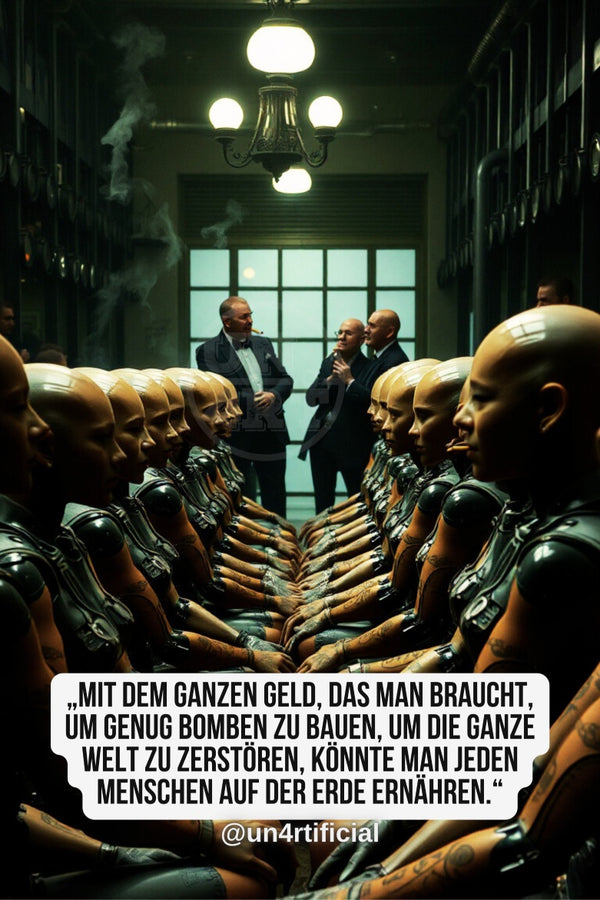 UN4RT three elegantly dressed men in dark suits standing at the far end of a long narrow dimly lit institutional corridor, laughing and conversing, while two symmetrical rows of identical bald humanoid robotic figures in black armour kneel facing each other in the foreground, chromatic aberration effect, bold multi-line quote text in white rounded box at bottom, social media handle below, dark dystopian editorial scene, vertical format.