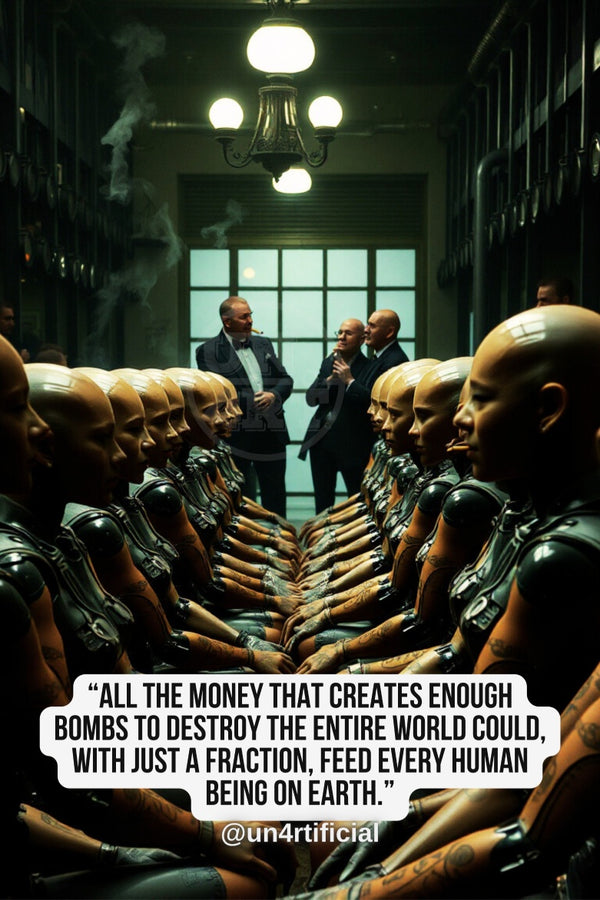 UN4RT three elegantly dressed men in dark suits standing at the far end of a long narrow dimly lit institutional corridor, laughing and conversing, while two symmetrical rows of identical bald humanoid robotic figures in black armour kneel facing each other in the foreground, chromatic aberration effect, bold multi-line quote text in white rounded box at bottom, social media handle below, dark dystopian editorial scene, vertical format.