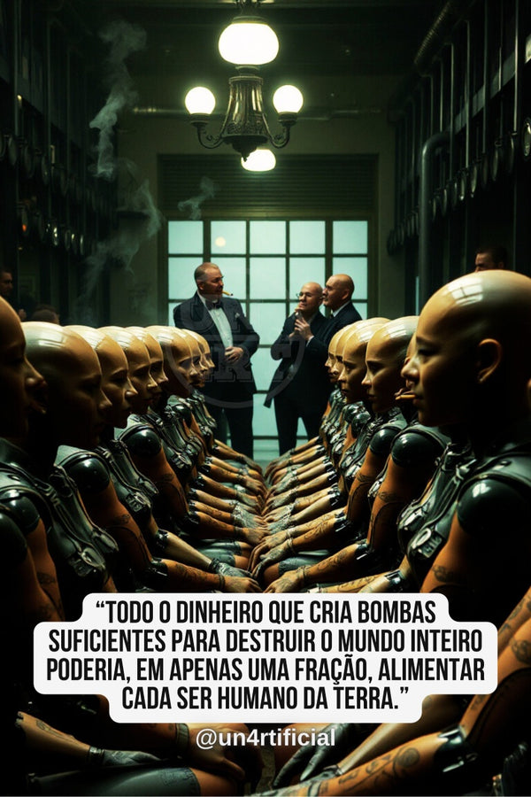 UN4RT three elegantly dressed men in dark suits standing at the far end of a long narrow dimly lit institutional corridor, laughing and conversing, while two symmetrical rows of identical bald humanoid robotic figures in black armour kneel facing each other in the foreground, chromatic aberration effect, bold multi-line quote text in white rounded box at bottom, social media handle below, dark dystopian editorial scene, vertical format.