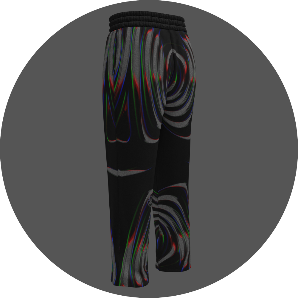 UN4RT color grace all-over-print jogging pants back left view – black sweatpants with fluid swirl pattern in dark grey tones with thin neon accent lines in red, blue and green, small UN4RT logo at lower leg, elasticated waistband, straight leg cut.