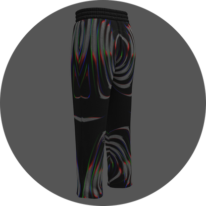UN4RT color grace all-over-print jogging pants back left view – black sweatpants with fluid swirl pattern in dark grey tones with thin neon accent lines in red, blue and green, small UN4RT logo at lower leg, elasticated waistband, straight leg cut.