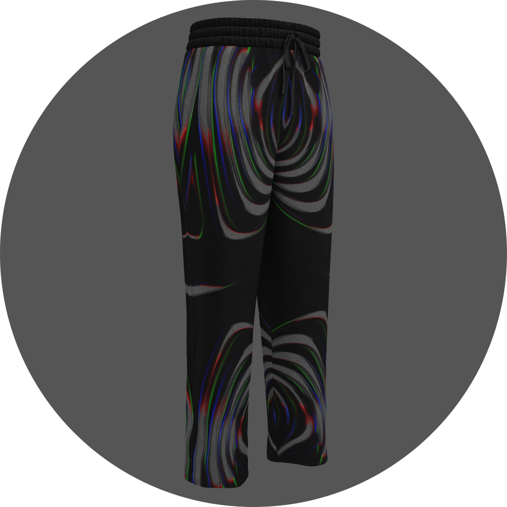UN4RT color grace all-over-print jogging pants front right view – black sweatpants with fluid swirl pattern in dark grey tones with thin neon accent lines in red, blue and green, elasticated drawstring waistband, straight leg cut.