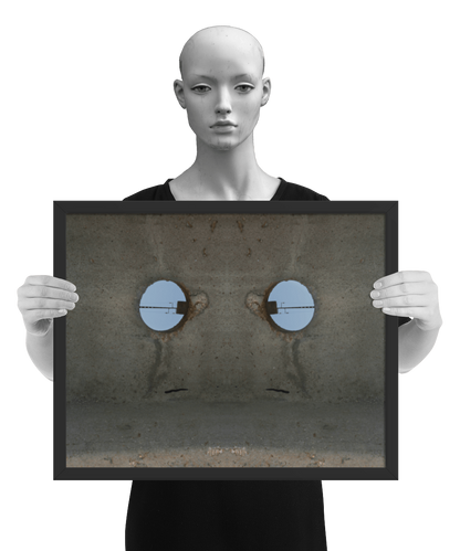 un4rt - the photographie shows a section of an concrete pole with a holes. the whole image contains the photographie for 2 times and one of the photographies is mirrored. the image is framed and presented by a model in black and white.