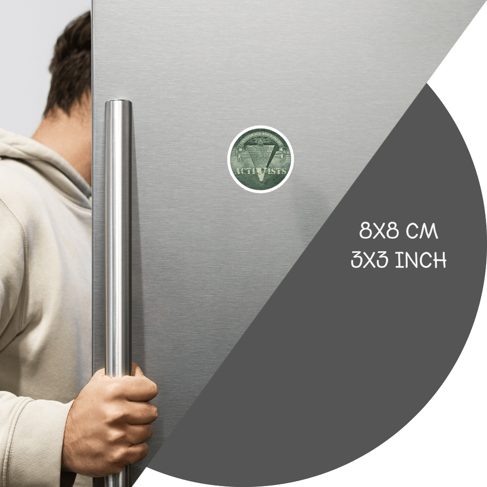 un4rt - the image shows a part of a fridge-door that is opened.the fridge-door has a round magnet on it. the picture on the magnet shows an edited part of a section of a 1 dollar note with an inverted pyramid. the all-seeing eye is at the top, on the wide part of the pyramid. the banderole reads "Conspiracy-Disclosure" and the pointed part of the pyramid reads " Activists". measurements of the magnet in cm and inch are written on the right sight of the image.