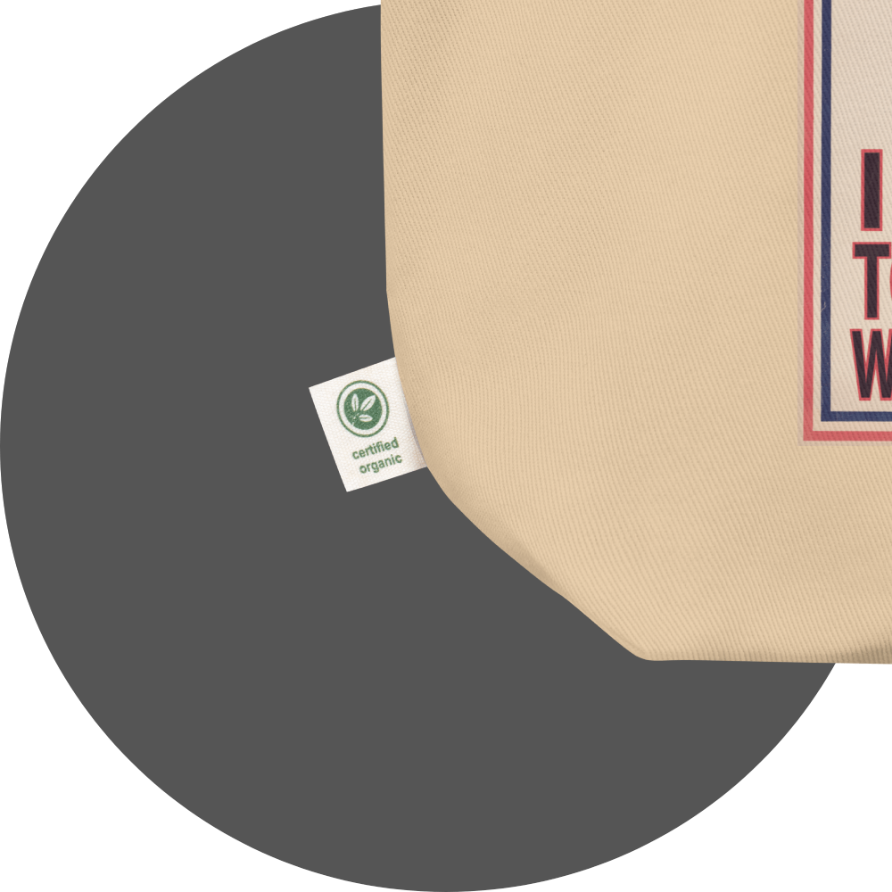 un4rt - the image shows details of an oyster cotton tote bag with parts of a print. a white label is attached to the tote bag. the print n the label reads: "certified rganic".