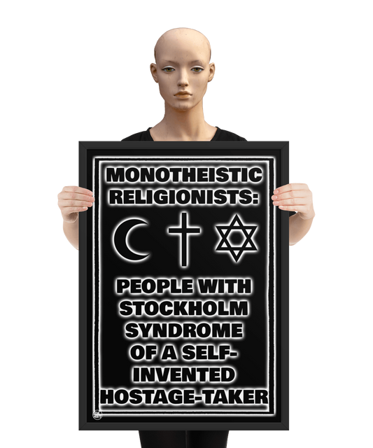 un4rt - the image shows a mannequin holding a framed poster. the background of the poster is black and the print is also black but with white underlying shadows. the print shows text and three religious symbols. 