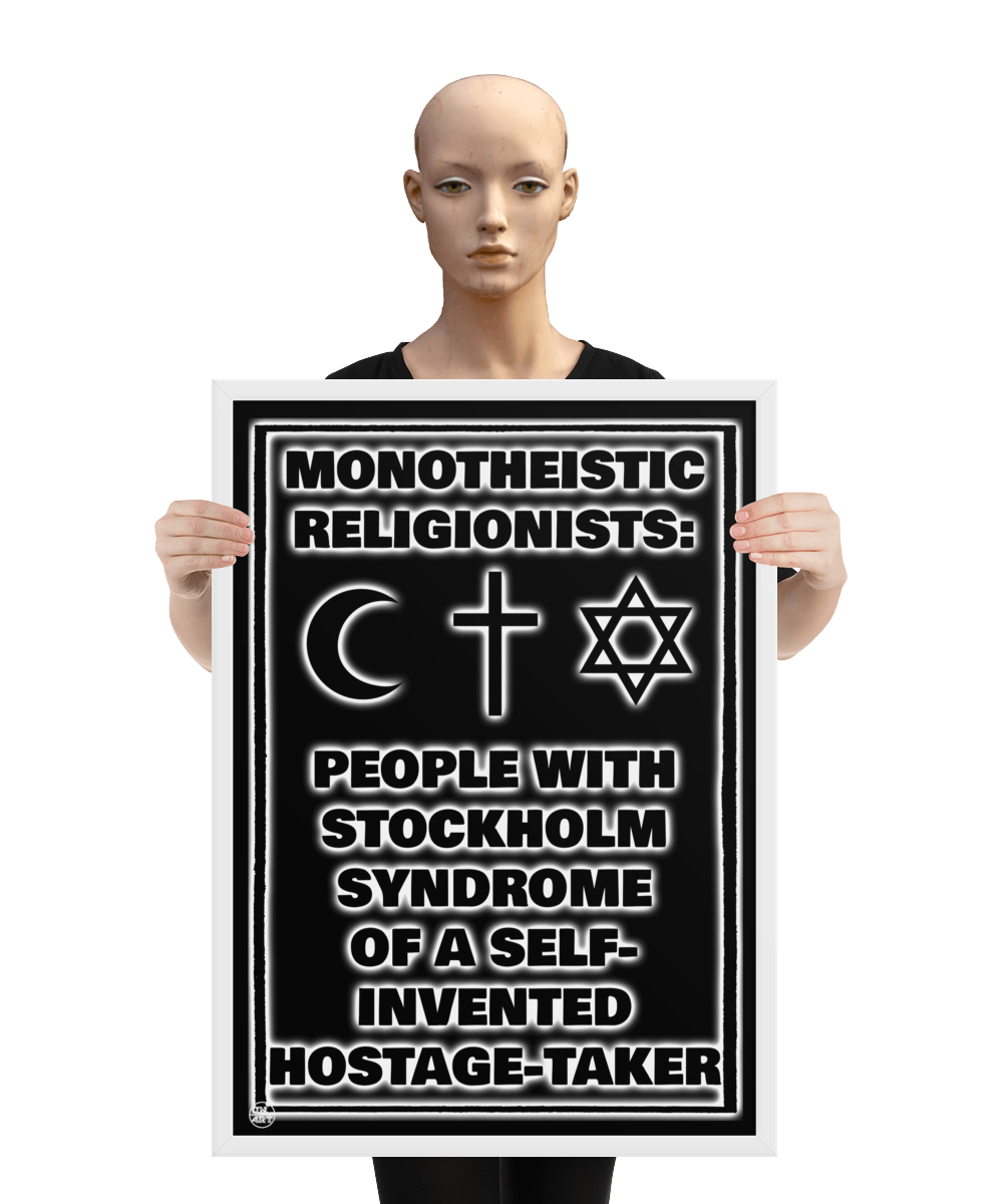 un4rt - the image shows a mannequin holding a framed poster. the background of the poster is black and the print is also black but with white underlying shadows. the print shows text and three religious symbols. 