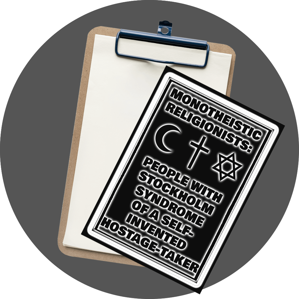 un4rt - the image shows a sticker sheet. the print on the sticker sheet is black with white underlying shadows. the print shows text and three religious symbols. A terminal board beneath the sticker sheet.