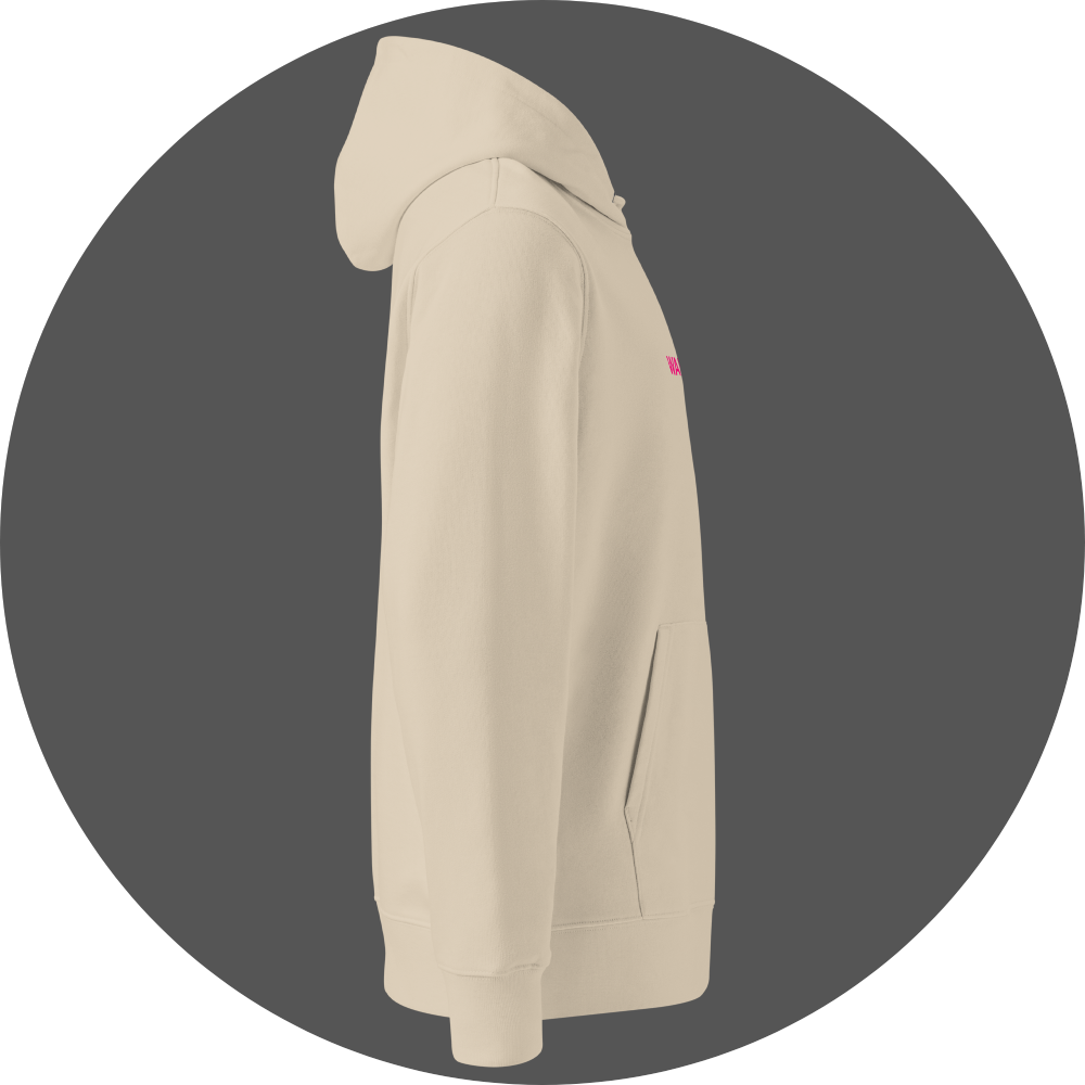 un4rt - the image shows the right side of an oystrich colored cotton hoodie with a pink print on the front.