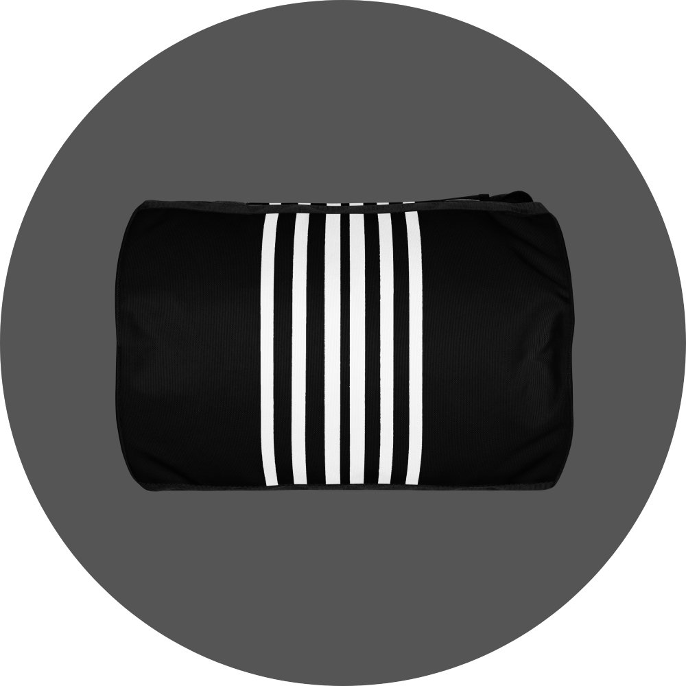 un4rt - the image shows the bottom of a black tubular gym bag with six vertical white stripes in the middle.