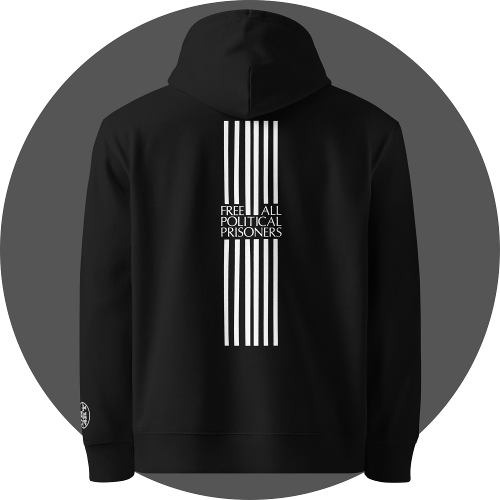 un4rt - the image shows the back of a black cotton hoodie with a print of six vertical white stripes in the middle of the upper area. the stripes are interrupted with text. the text reads:"free all political prisoners". a white "UN4RT"-logo embroidery on the left sleeve.