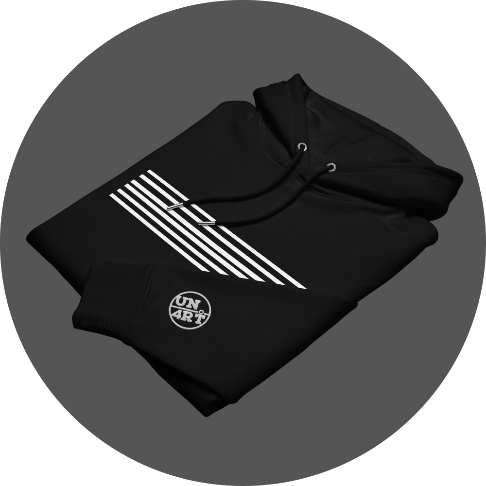 un4rt - the image shows the upper front of a folded black cotton hoodie with a print of six horizontal white stripes. also a white "UN4RT"-logo embroidery on the left sleeve.