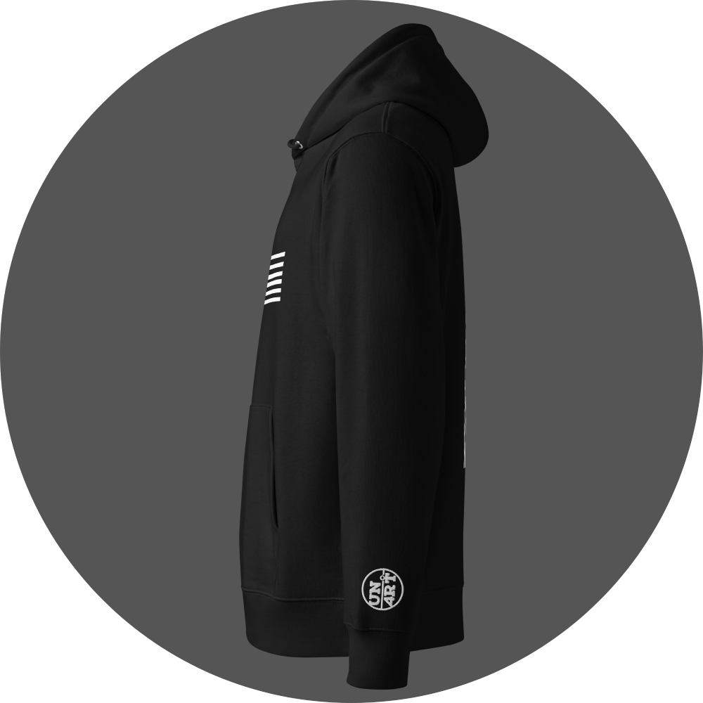 un4rt - the image shows the left side of a black cotton hoodie with a print of six horizontal white stripes on the front. also a white "UN4RT"-logo embroidery on the left sleeve.