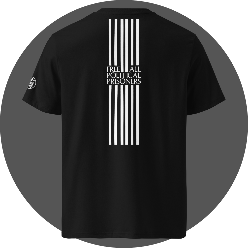 un4rt - the image shows the back of a black cotton t-shirt with a print of six vertical white stripes in the middle of the upper area. the stripes are interrupted with text. the text reads:"free all political prisoners". a white "UN4RT"-logo is printed on the left sleeve.