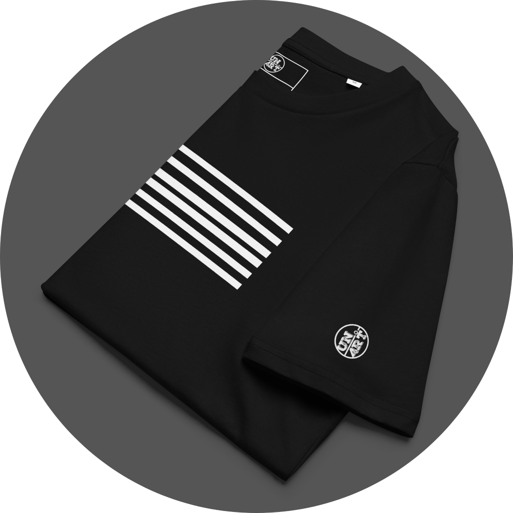 un4rt - the image shows the upper left front of a folded black cotton t-shirt with a print of six horizontal white stripes. also a white "UN4RT"-logo is printed on the left sleeve.