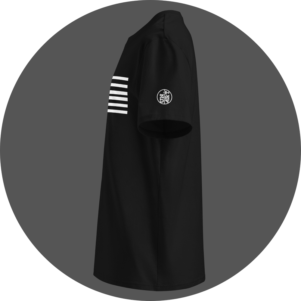un4rt - the image shows the left side of a black cotton t-shirt with a print of six horizontal white stripes on the front. also a white "UN4RT"-logo is printed on the left sleeve.