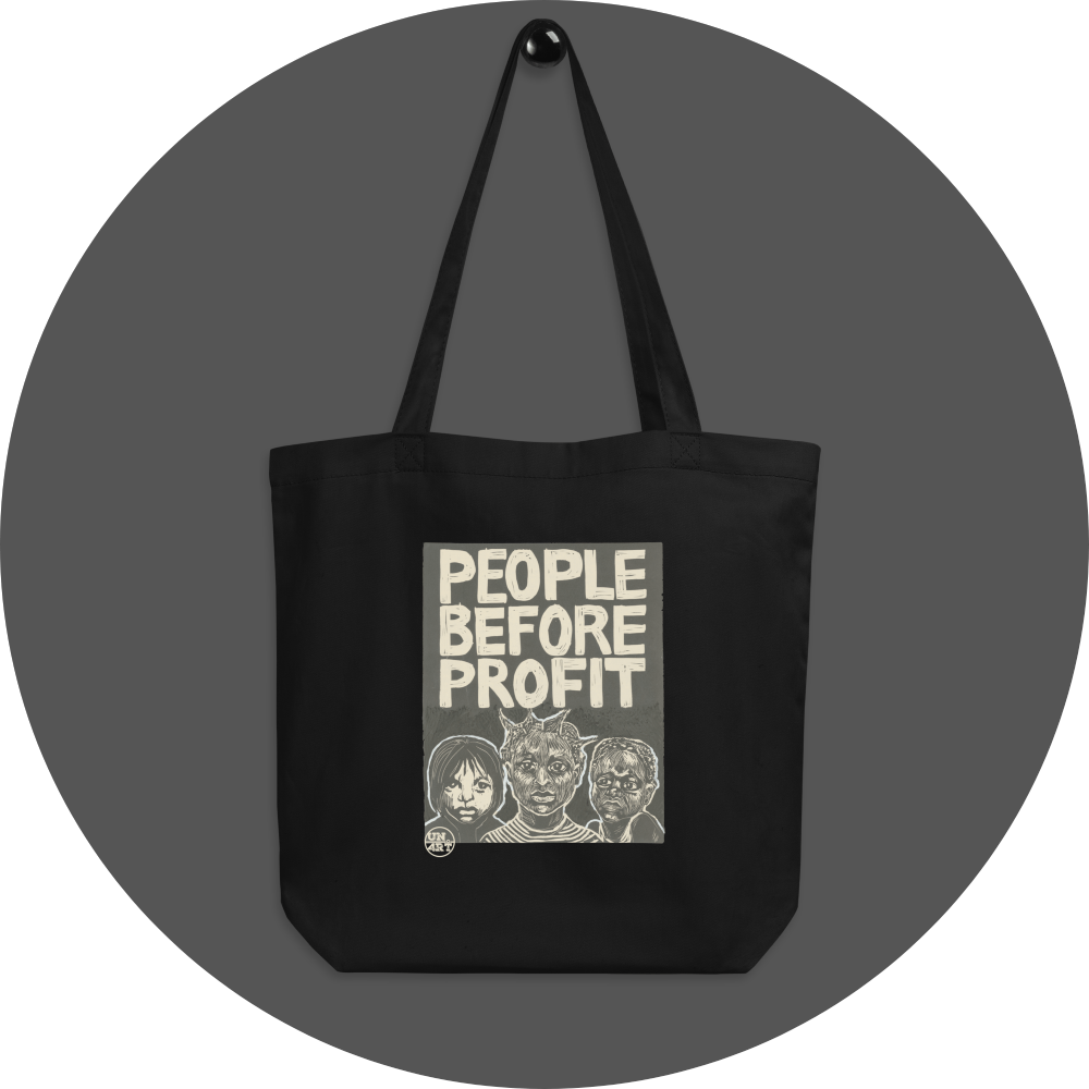 un4rt - the image shows a black cotton tote bag with a big 2 colored print in the center. the print shows three young humans of different races. the text reads: "people before profit".
