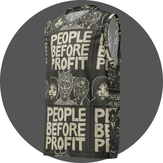 un4rt - the image shows the front of a basketball jersey with an allover print. the print is two colored and the motif repeats itself. the motif shows young humans of various races. the text reads: "people before profit".