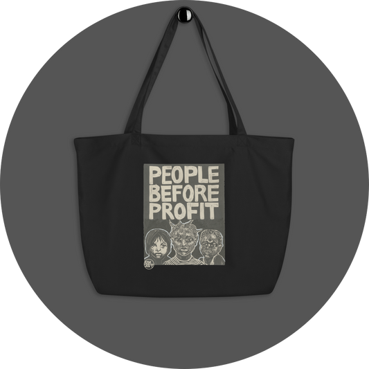 un4rt - the image shows a black cotton tote bag with a big 2 colored print in the center. the print shows three young humans of different races. the text reads: "people before profit".