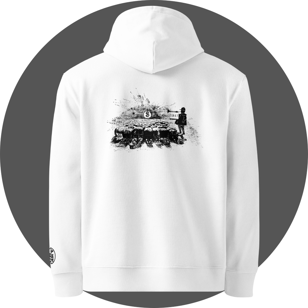 un4rt - the image shows the back of a white cotton hoodie. the hoodie has a printed black drawing on the upper area that shows people who worship a dollar sign and a guard with a trumpet next to them. on the trumpet hangs a flag with the inscription "obey". on the left sleeve is a "UN4RT-logo embroidery. only a part of the logo is visible.