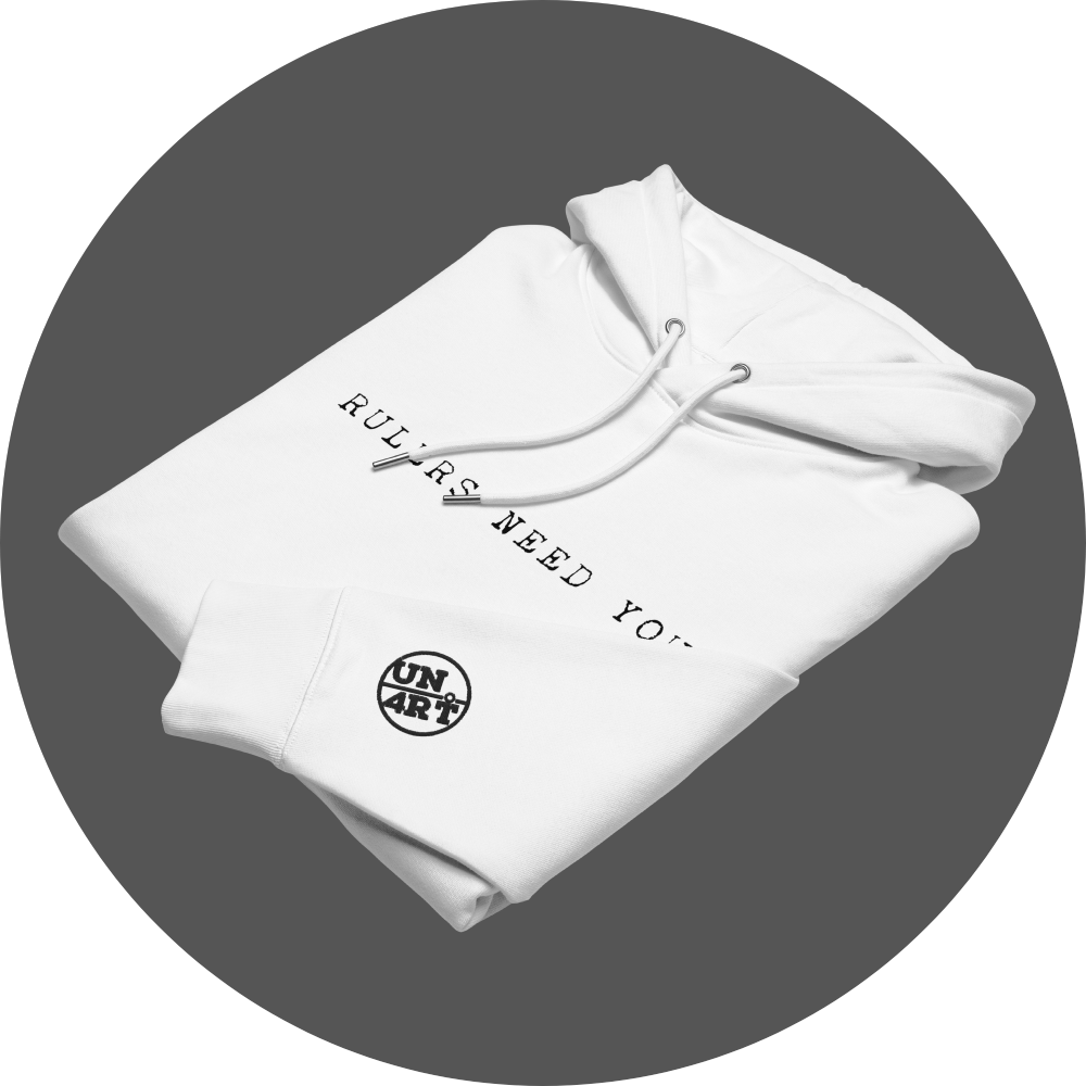 un4rt - the image shows a folded white cotton hoodie with black letters printed on the front. the letters reading: "rulers need you". a black "UN4RT"-logo embroidery on the left sleeve.