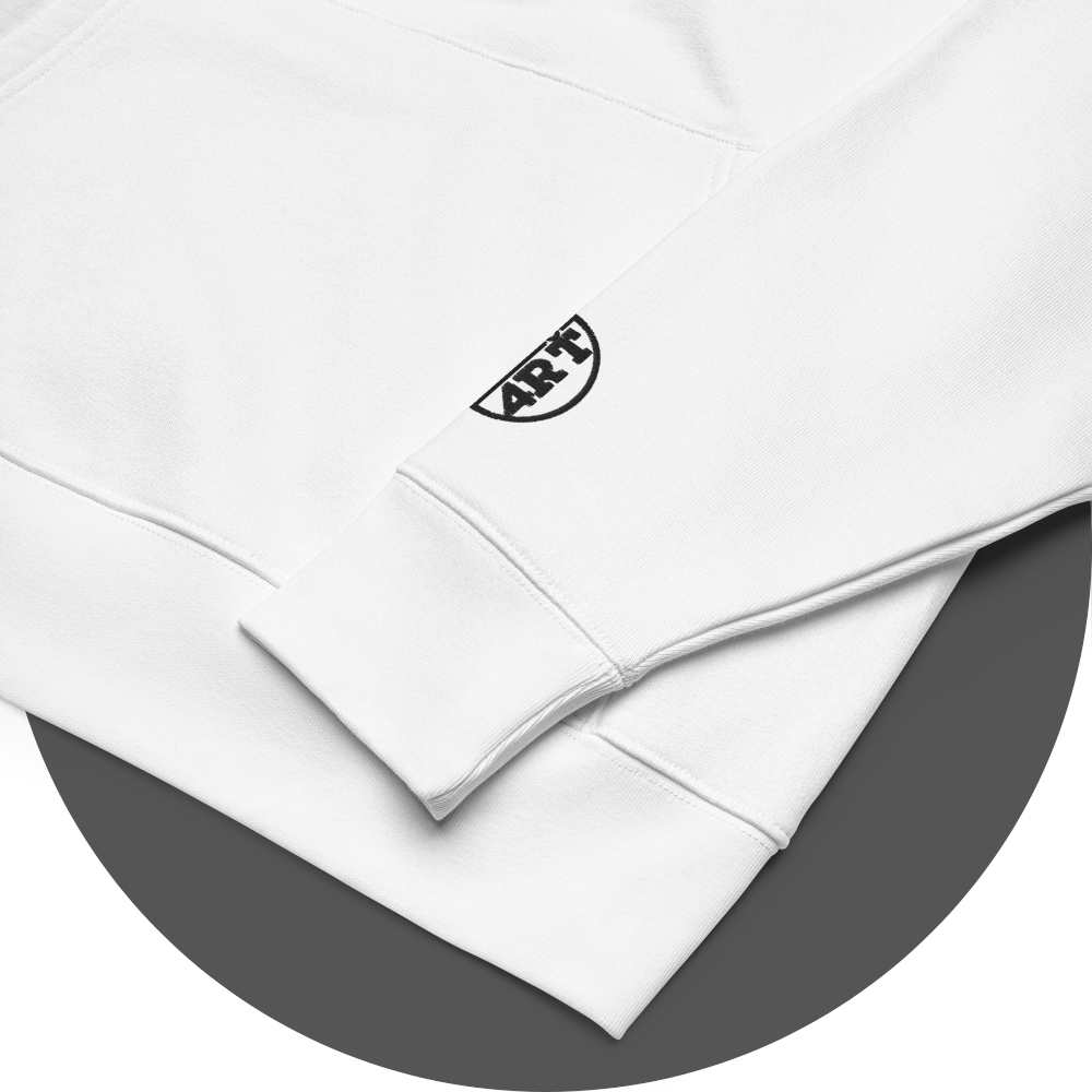 un4rt - the image shows details of white cotton hoodie with a black "UN4RT"-logo embroidery on the left sleeve. only the lower part of the logo is visible.